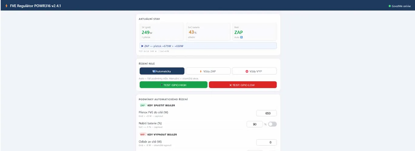 Ovládání FVE Controlleru v prohlížeči — aktuální stav, řízení relé a podmínky