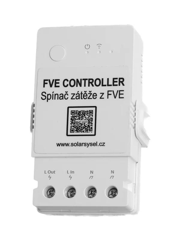 FVE Controller zepředu — štítek a svorky L Out, L In, N